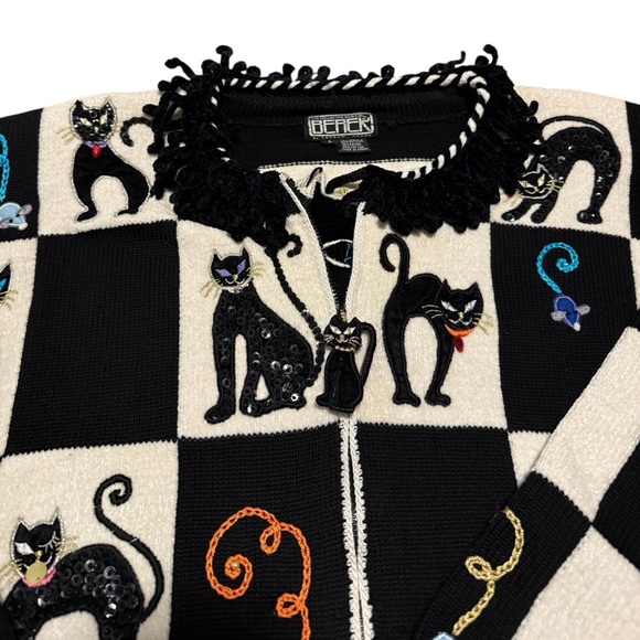 Rare Vintage Berek Black and White Checkered Cat Sweater Size Large - Picture 6 of 9